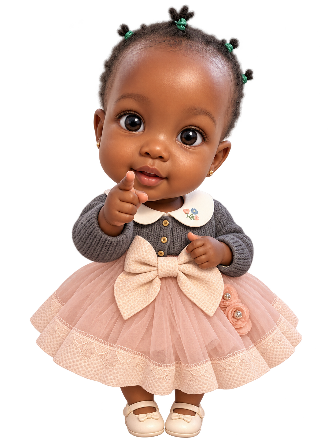 Baby bobblehead in a blush dress and charcoal cardigan