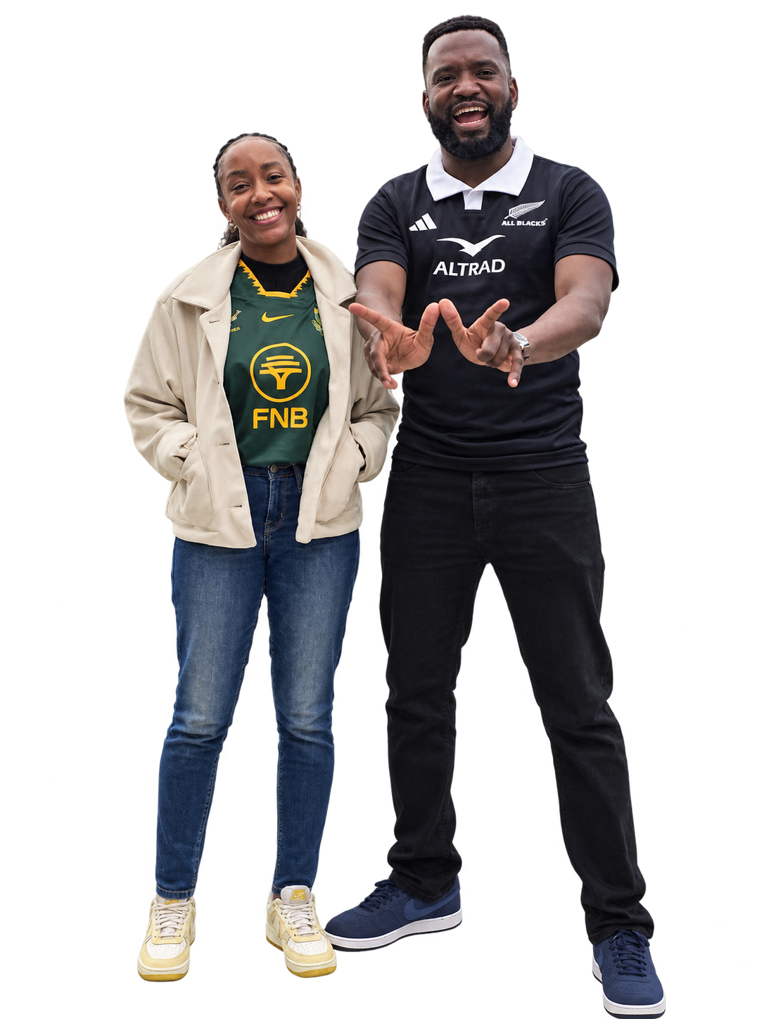 Kenyalyn and Barry smiling together in rugby jerseys