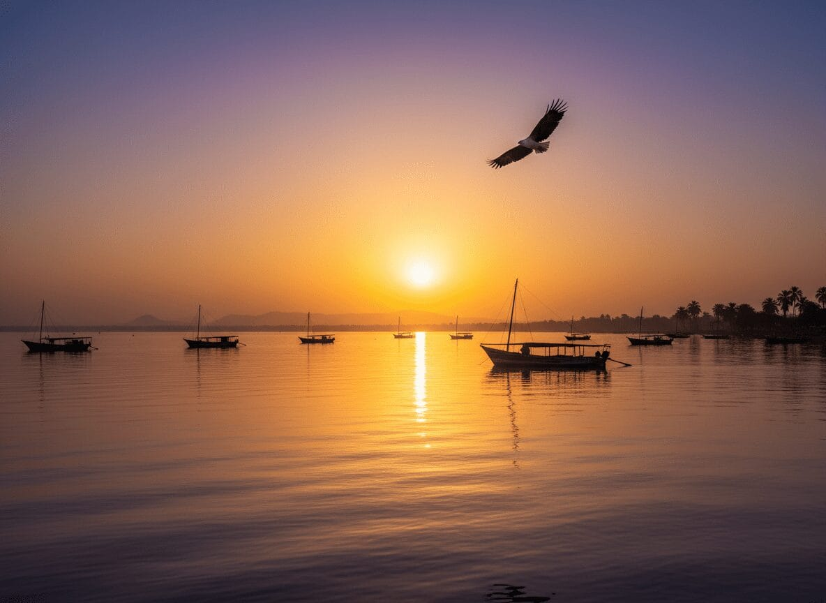 Golden sunset over calm water, with boats and a bird overhead